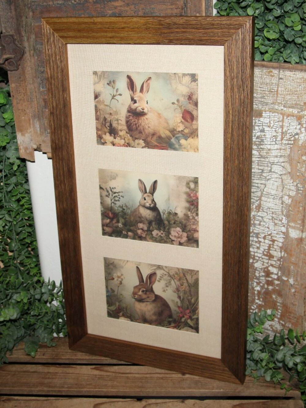 French Country Rustic Farmhouse Framed Woodland Bunny Rabbit Trio Wall Decor